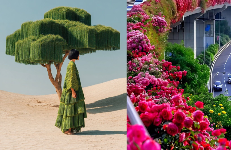 donna e albero nel deserto e autostrade fiorite