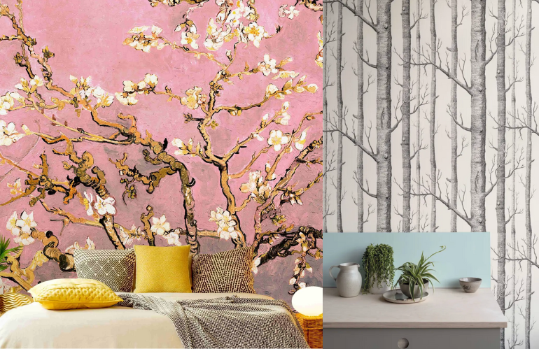 Camera da letto decorata con carta da parati effetto foresta