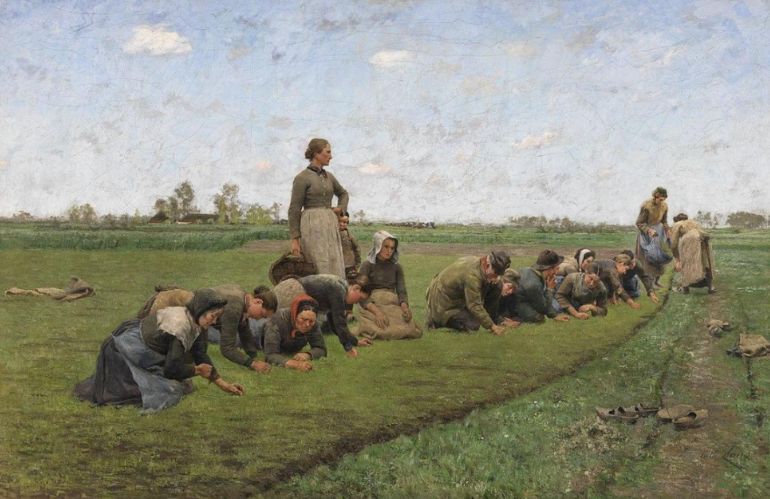 èmile claus, donna in campo con raccianti. Olio su tela