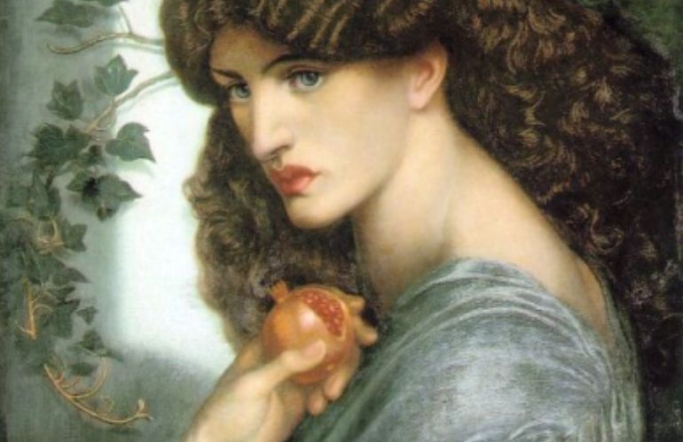 Ritratto di Jane Burden Morris con melograno, musa del Preraffaelismo, dipinto di Dante Gabriel Rossetti.