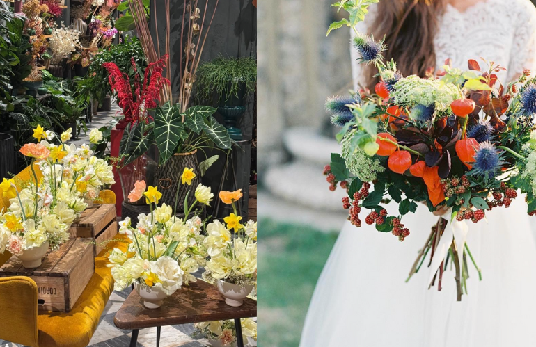 Interni dello shop Artemisia allestiti come micro-installazioni floreali