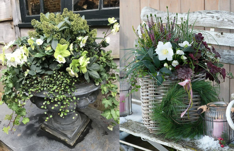 Decorazione floreale sobria per esterni in cesto di vimini