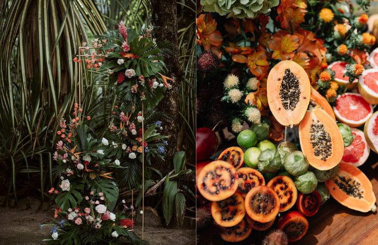 Fiori e sfere luminose in evento serale