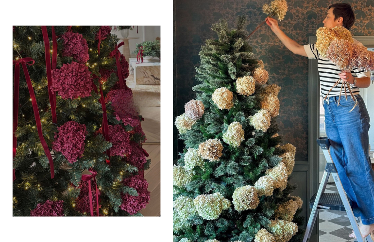 Albero di Natale decorato con ortensie color bordeaux