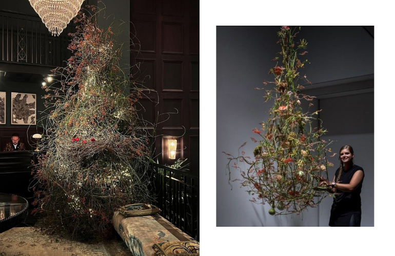 Albero decorato con ortensie chiare, design naturale e artigianale