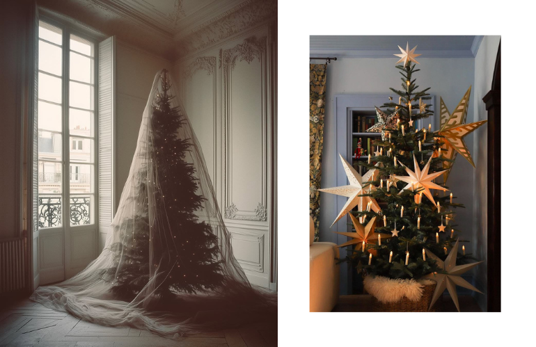 Installazione sospesa in stile albero di Natale con candele e rami