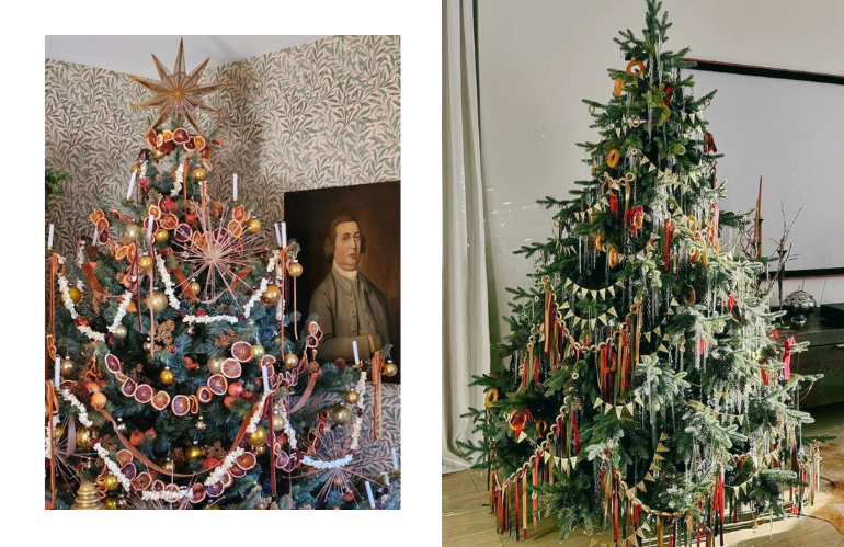 Albero geometrico realizzato con rami disposti orizzontalmente e decorazioni