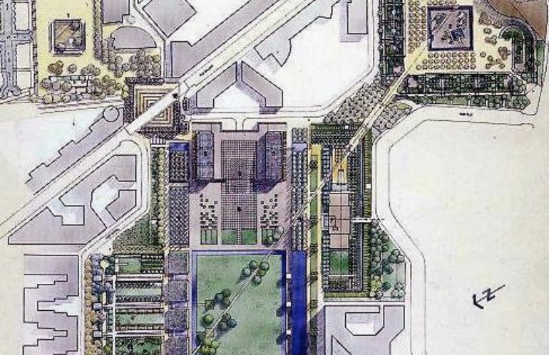 Disegno planimetrico del progetto paesaggistico dell’area centrale di Saint-Quentin-en-Yvelines firmato da Allain Provost