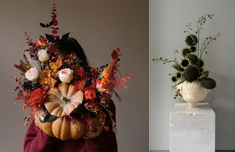 Bouquet arancio e blu in vaso cinese e zucca blu decorata