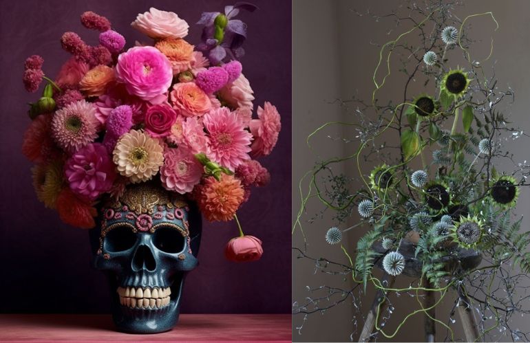 Installazione autunnale rustica e bouquet in zucca rossa