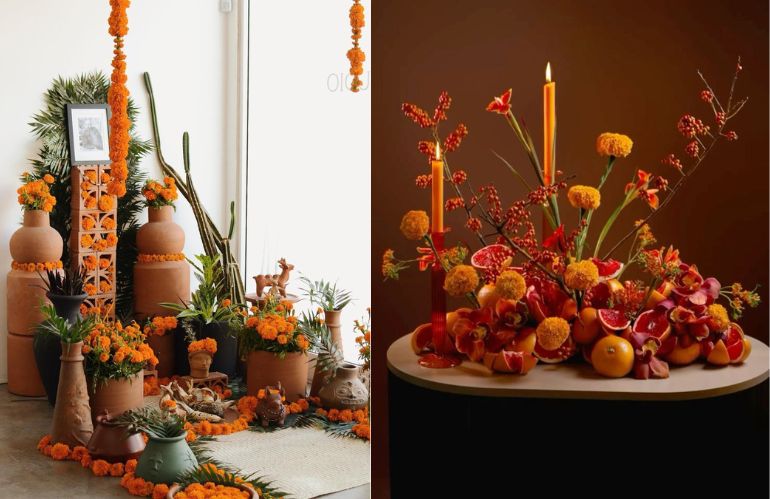 Vaso floreale con girasoli secchi e zucca con fiori arancio