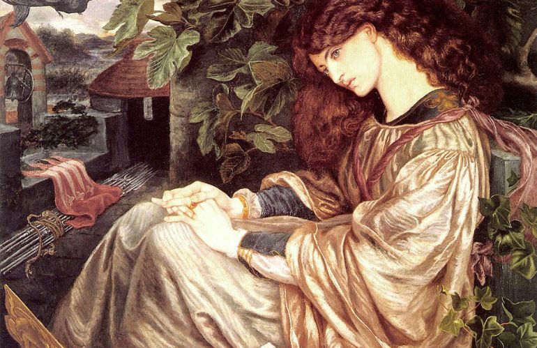 Dipinto preraffaellita ispirato a Jane Morris, figura femminile immersa nella natura e nella contemplazione.
