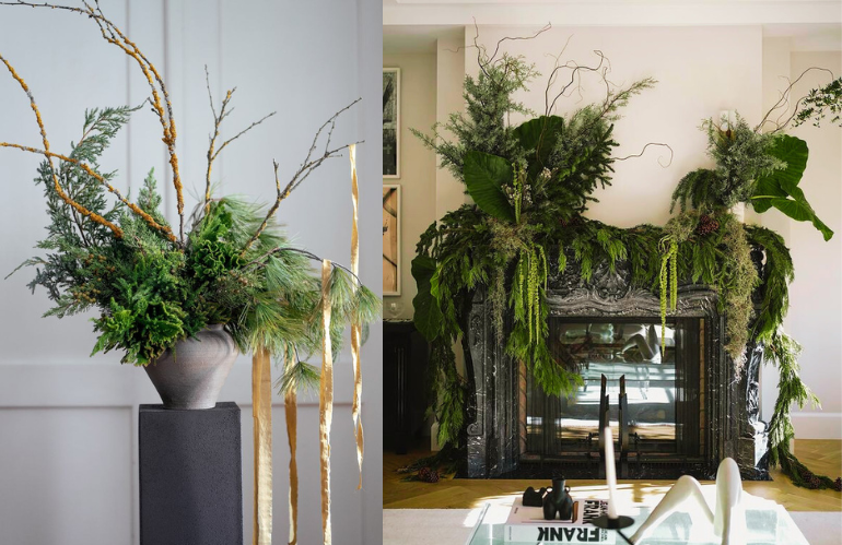 Installazione botanica natalizia su camino in stile contemporaneo