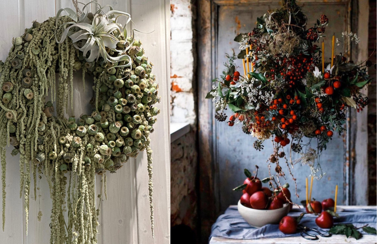 Decorazione natalizia con palette invernali e materiali naturali