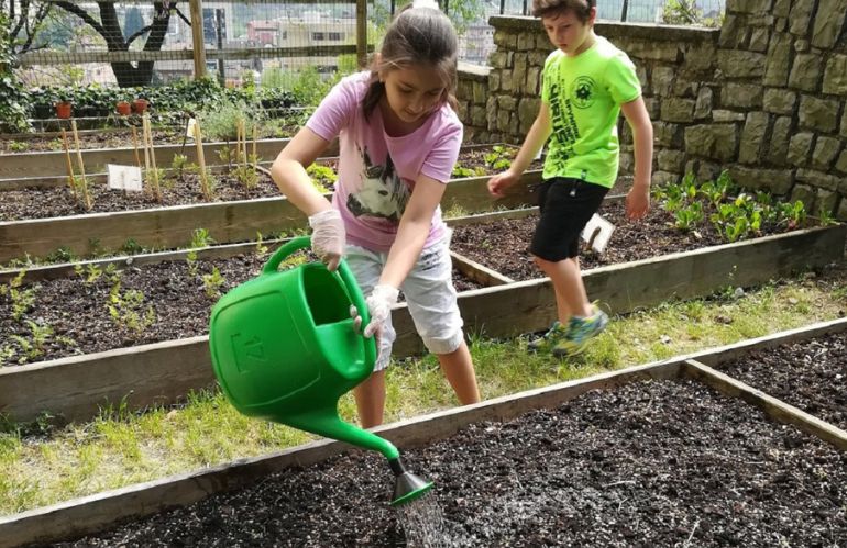 Bambini che coltivano un orto scolastico insieme a un’insegnante, in un giardino verde all’aperto